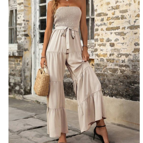 Boho Ruffle Hem Belted Tube Jumpsuit - Picture 6 of 9